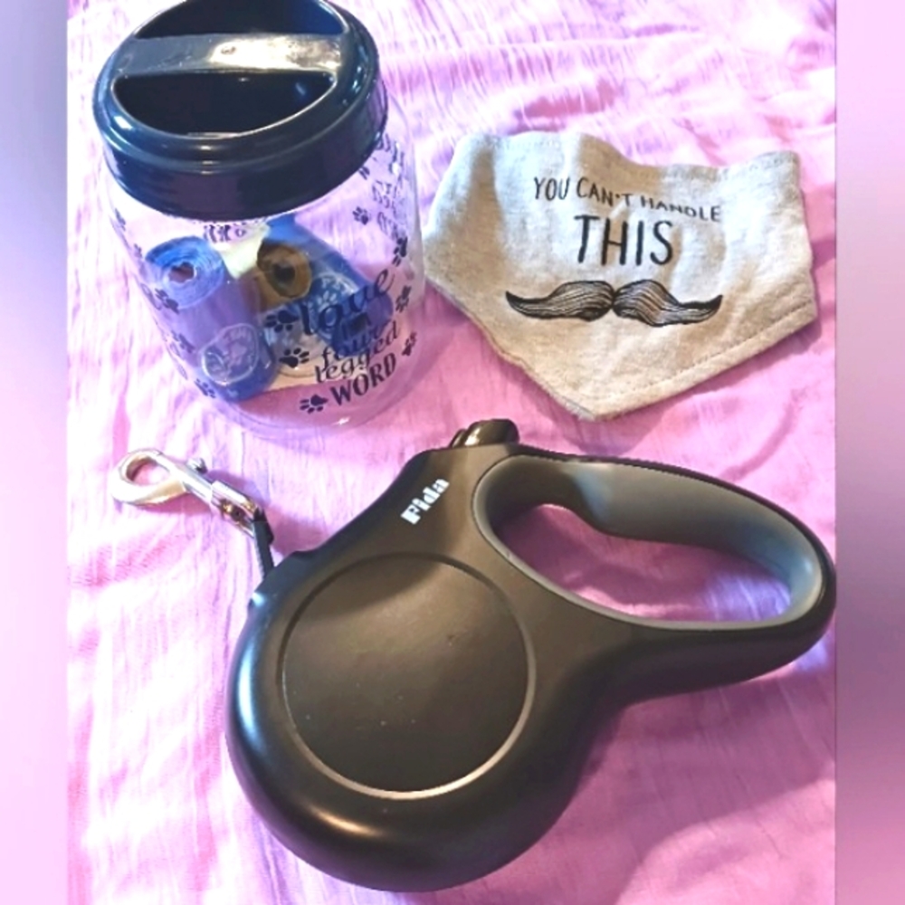 Dog Walk Bundle: Fida Leash, Gray Neck Hankie, Potty Bags, And Treat Jar